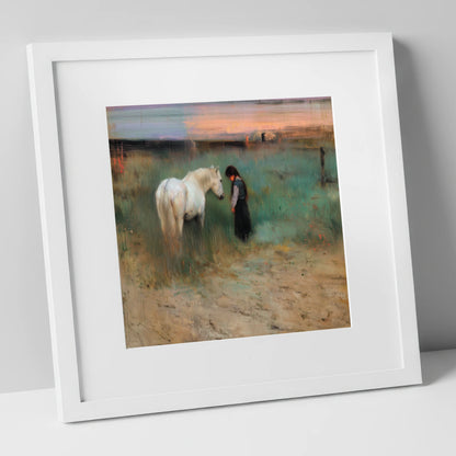 The Quiet Bond horse & rider art print in white frame