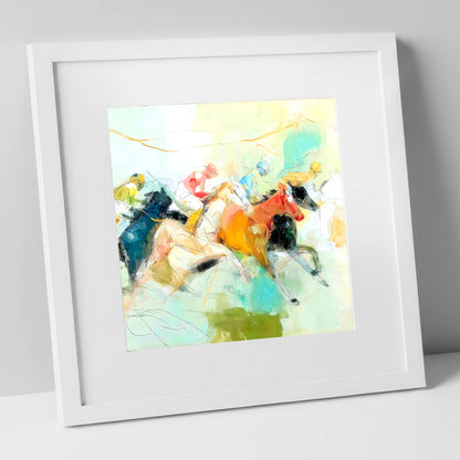 Rush to the Line racing horse art print in white frame