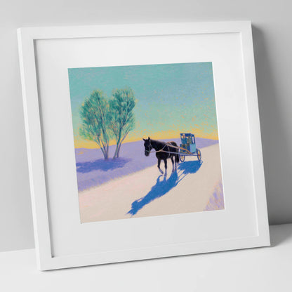 Journey in Lavender Light working horse art print in white frame