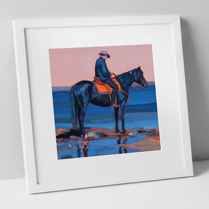Indigo Shoreline Rider beach horse art print in white frame