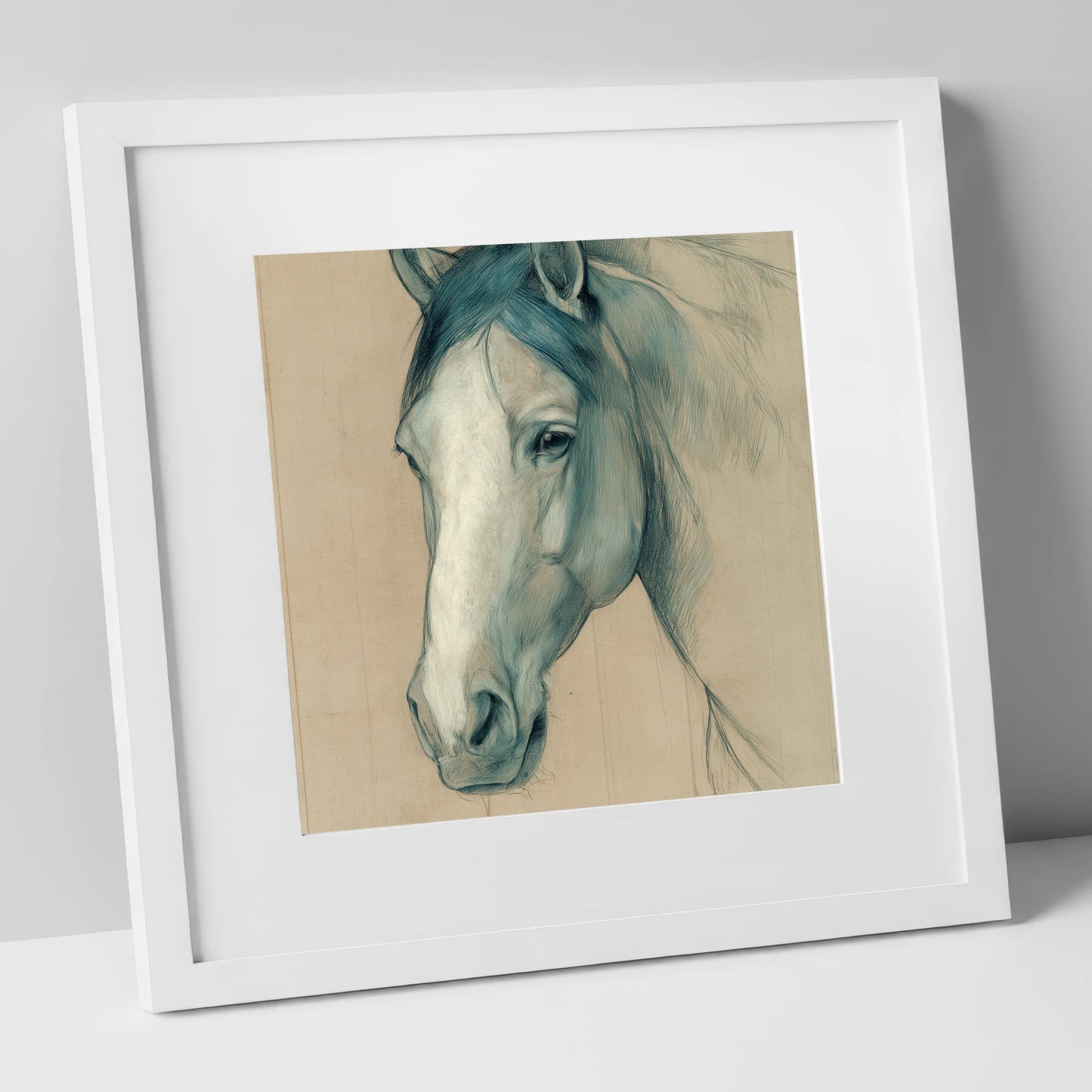 Azure Equine Study horse portrait art print in white frame