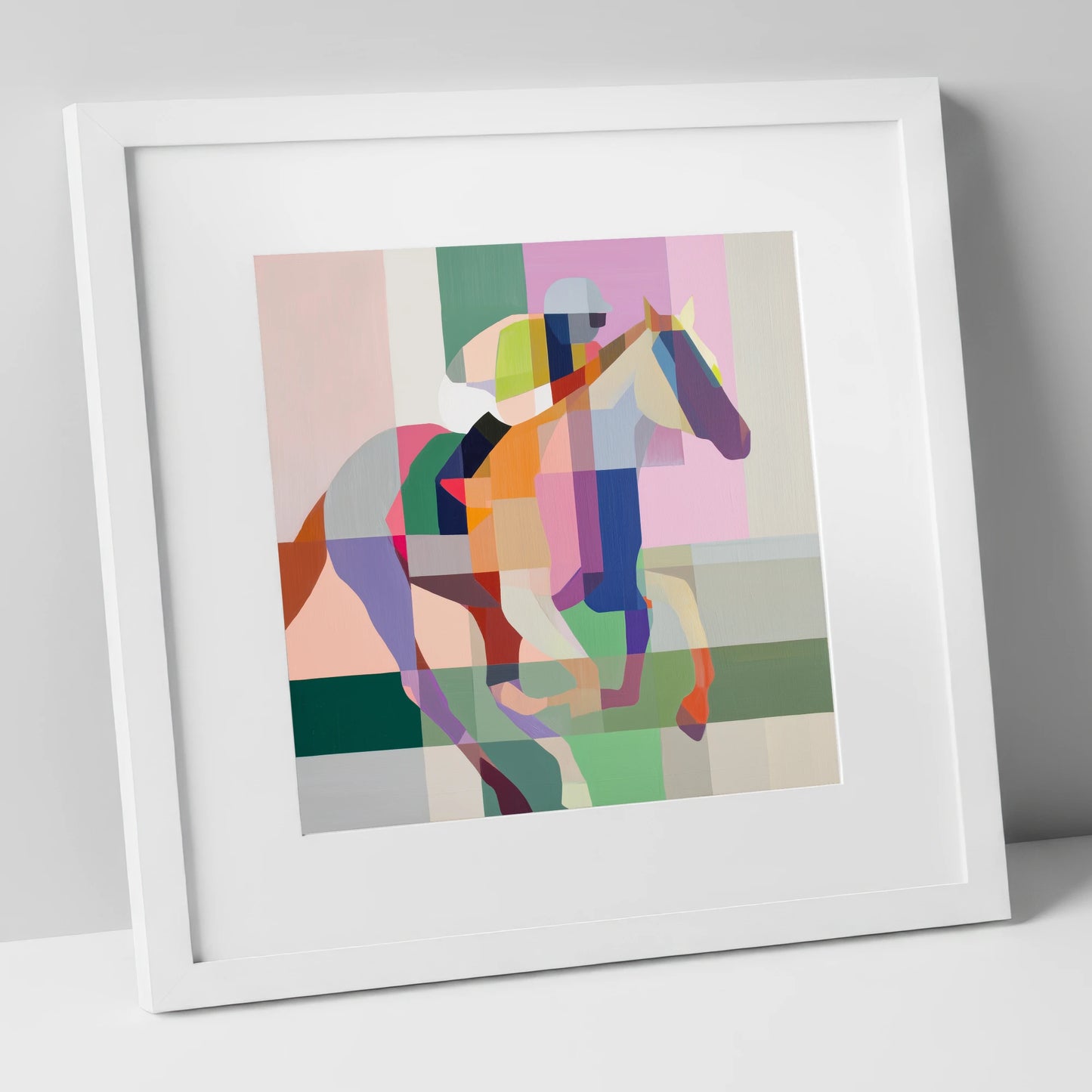 The Prismatic Gallop racing horse art print in white frame