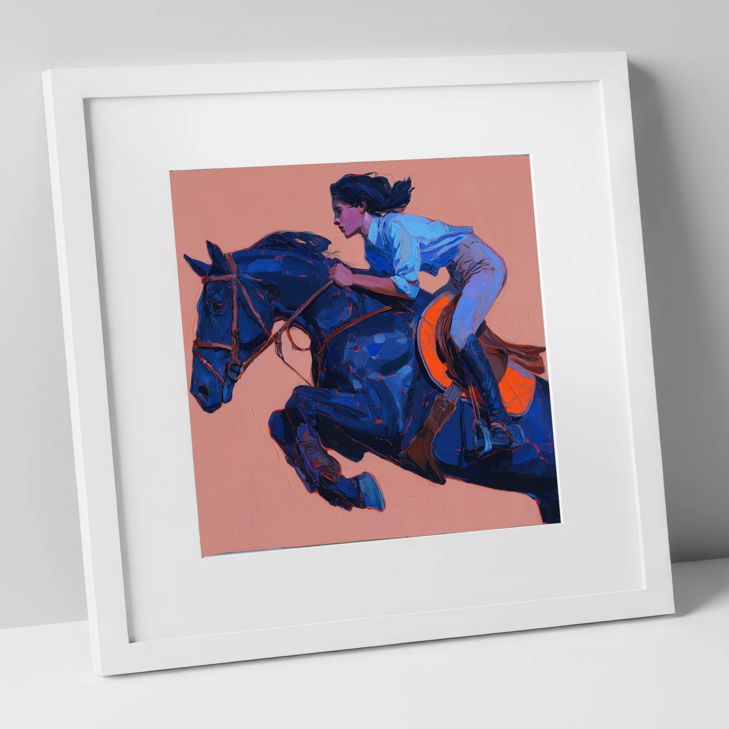 Indigo Flight show jumping horse art print in white frame