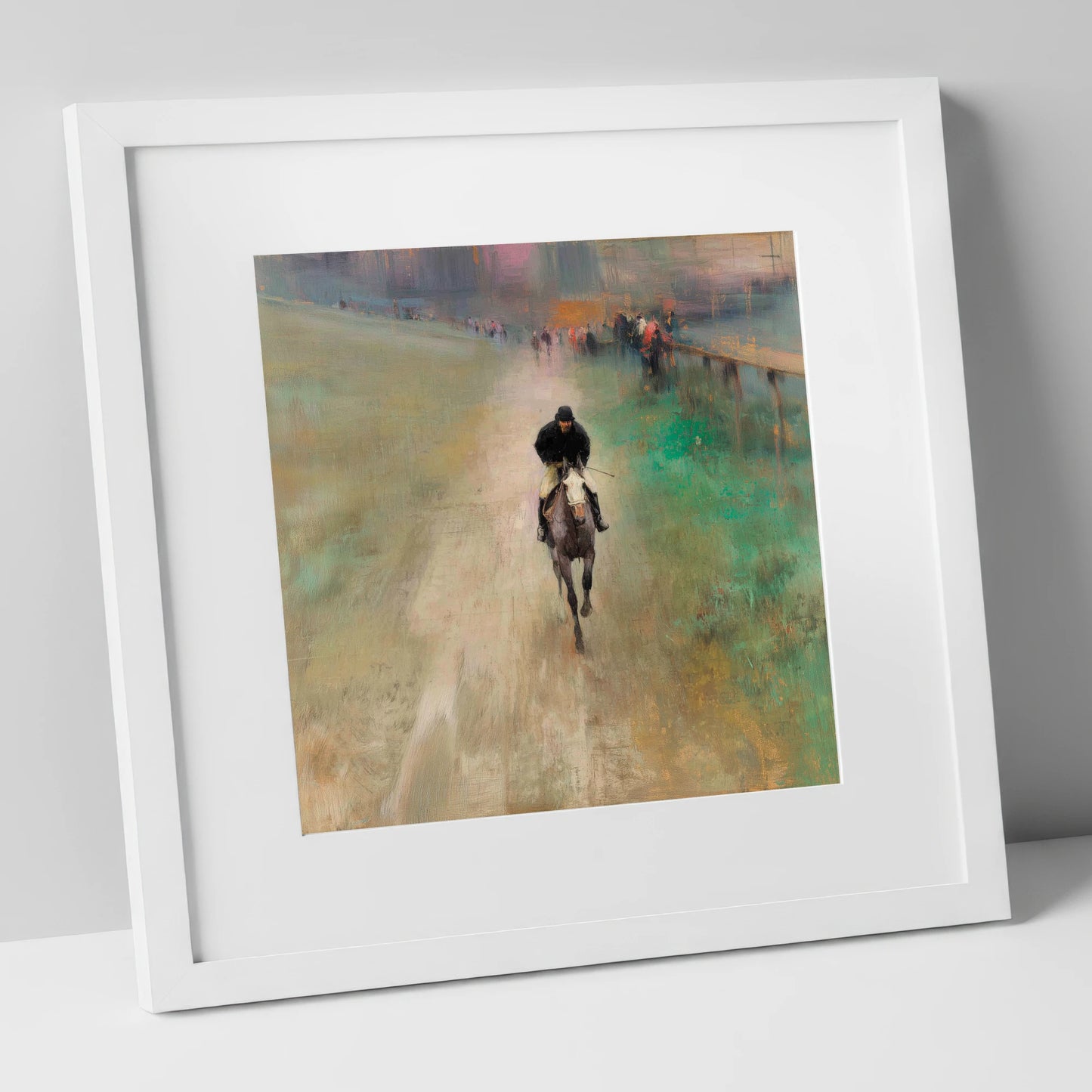 The Track Home racing horse art print in white frame