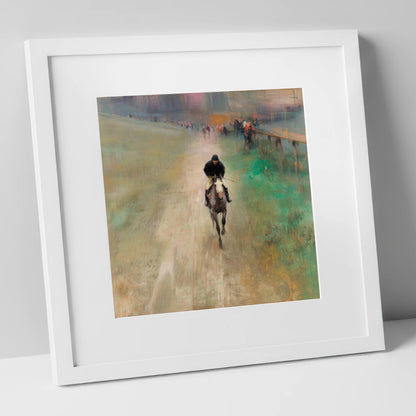 The Track Home racing horse art print in white frame