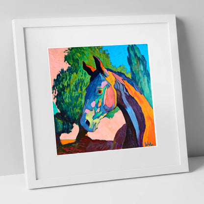 Vibrant Equine Expression horse portrait art print in white frame