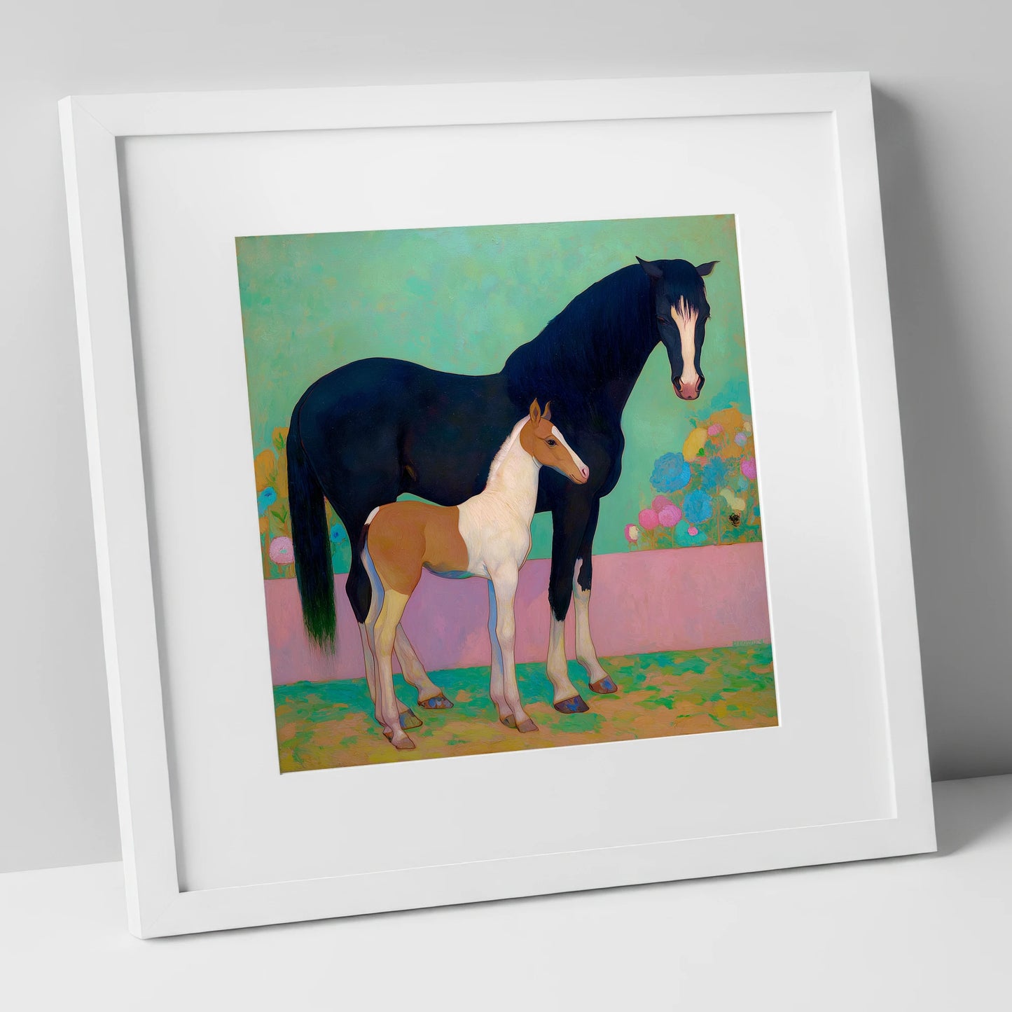 Midnight Dream Mare and Foal mare & foal art print in white frame