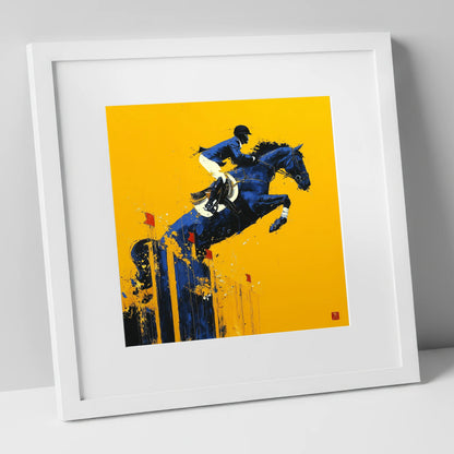 Indigo Ascent show jumping horse art print in white frame