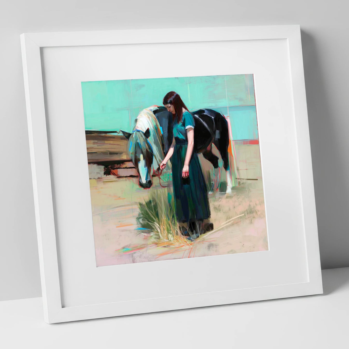 Stillness in Teal horse & rider art print in white frame