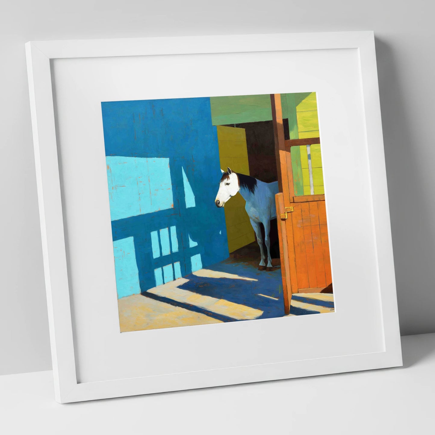 Sunlight on the Yard horse stable art print in white frame