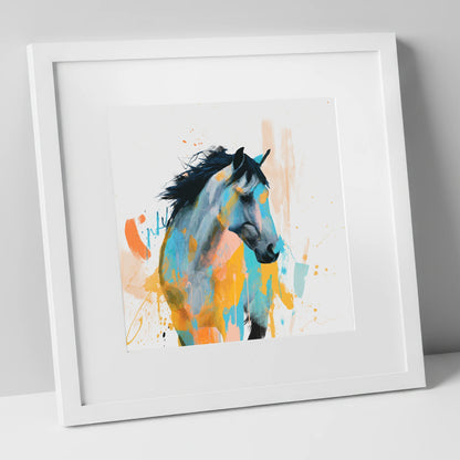 Teal and Amber Splendour horse portrait art print in white frame