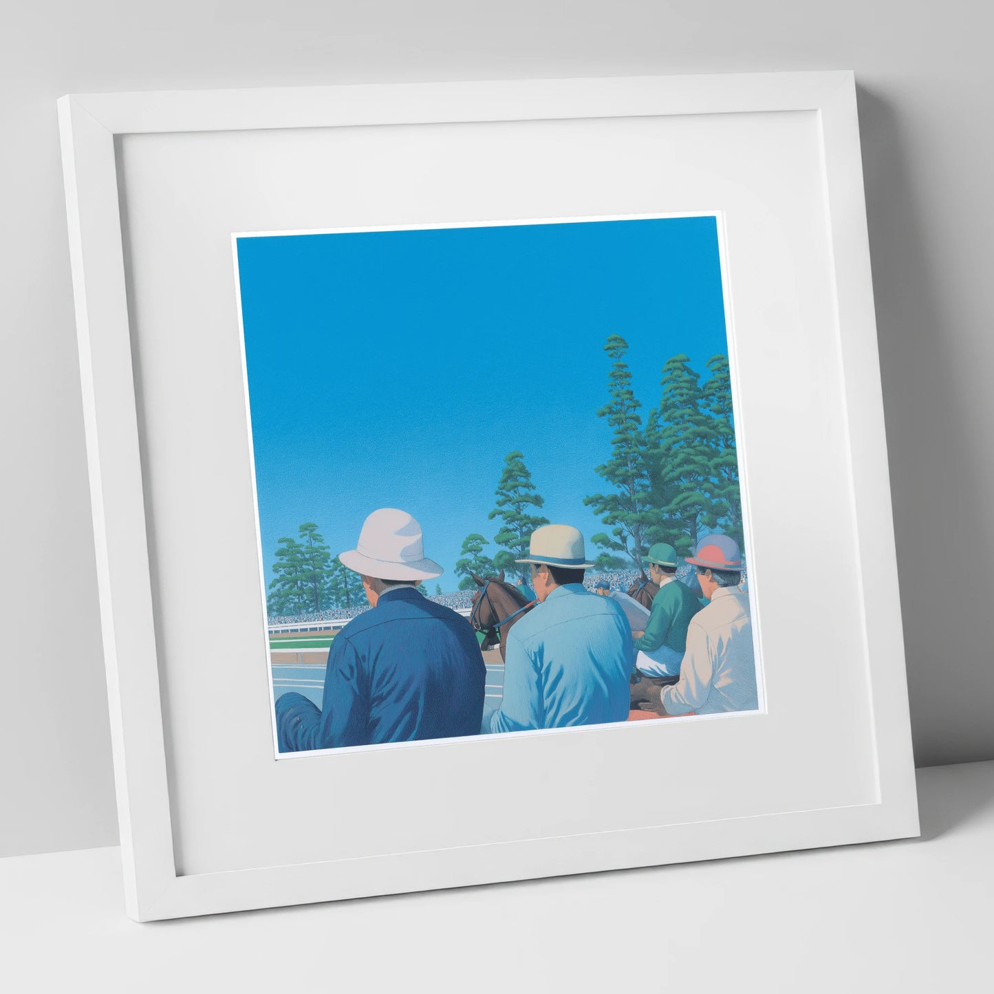 Trackside Anticipation racing horse art print in white frame