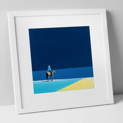 The Vast Blue beach horse art print in white frame