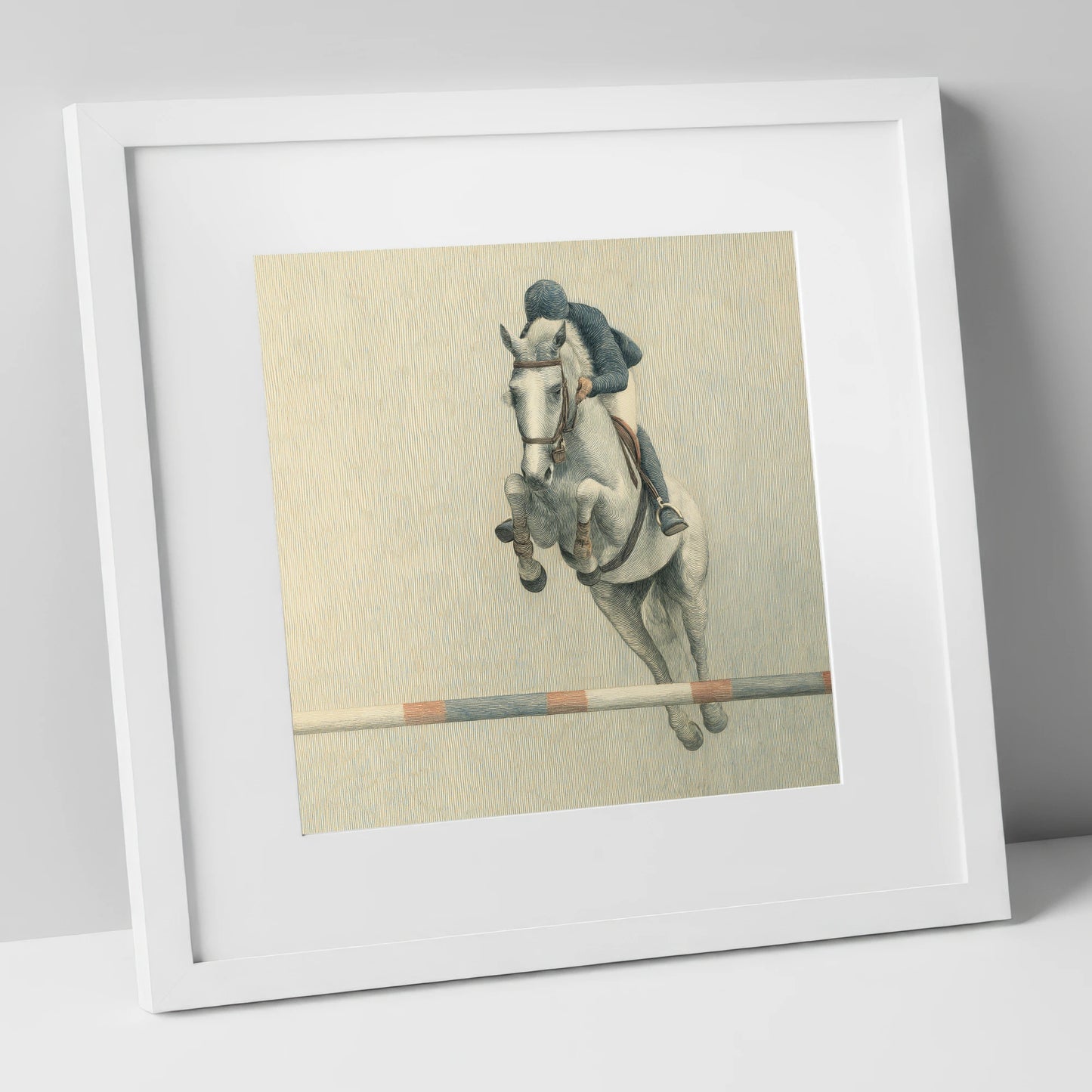 Suspended Flight show jumping horse art print in white frame