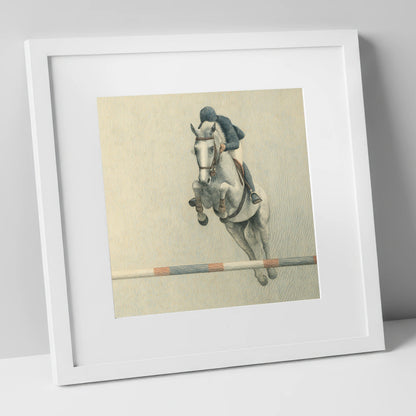 Suspended Flight show jumping horse art print in white frame
