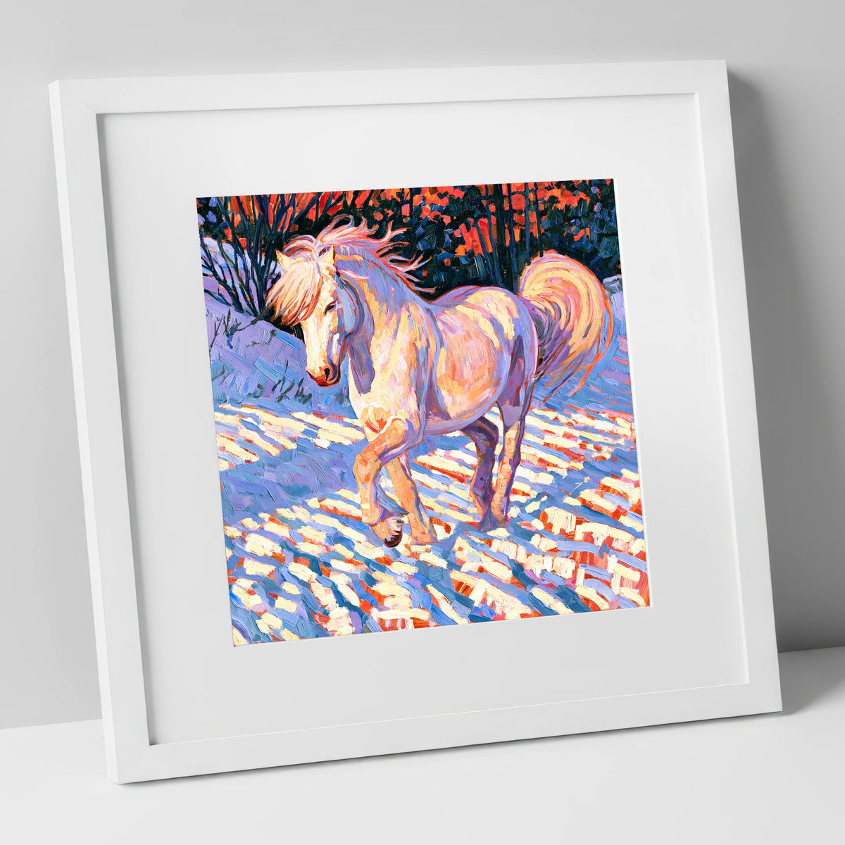 Vibrant Winter Horse in Snow horse breed art print in white frame