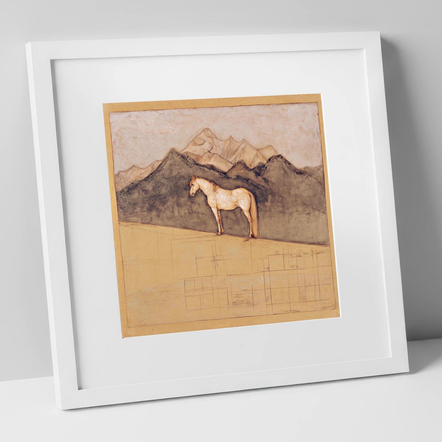 Mountain Sentinel horse landscape art print in white frame