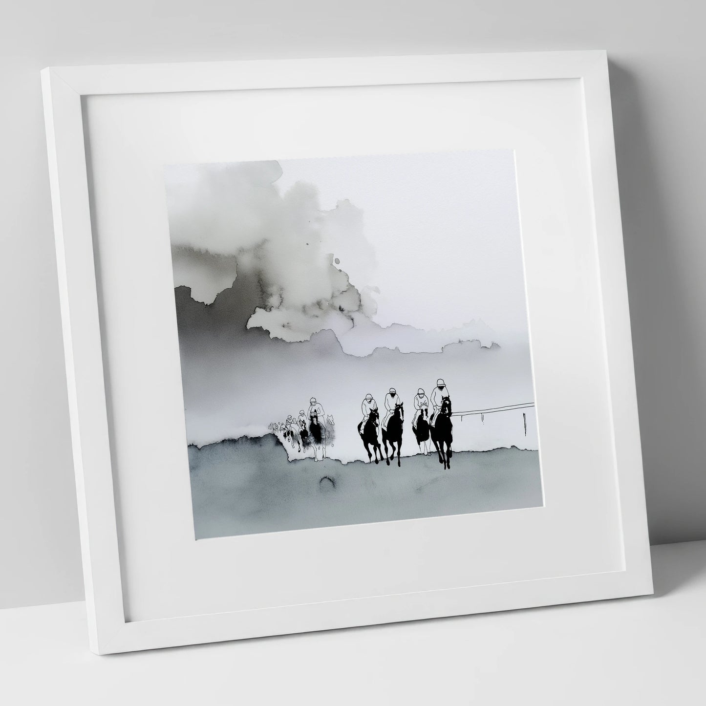 The Morning Gallops racing horse art print in white frame
