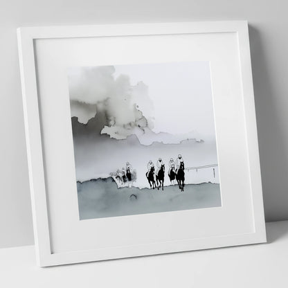 The Morning Gallops racing horse art print in white frame