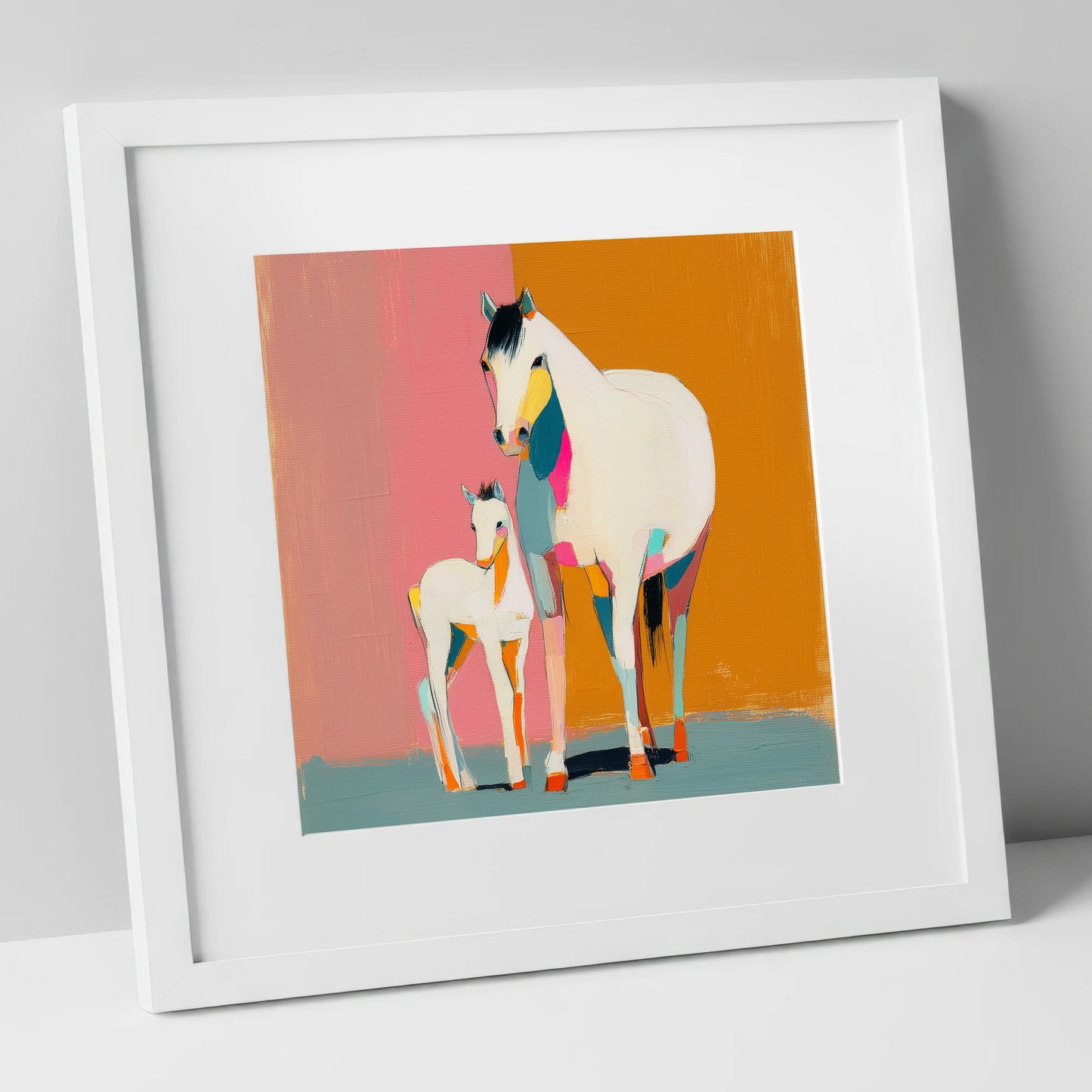 Vibrant Mare And Foal mare & foal art print in white frame