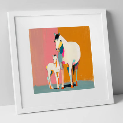 Vibrant Mare And Foal mare & foal art print in white frame