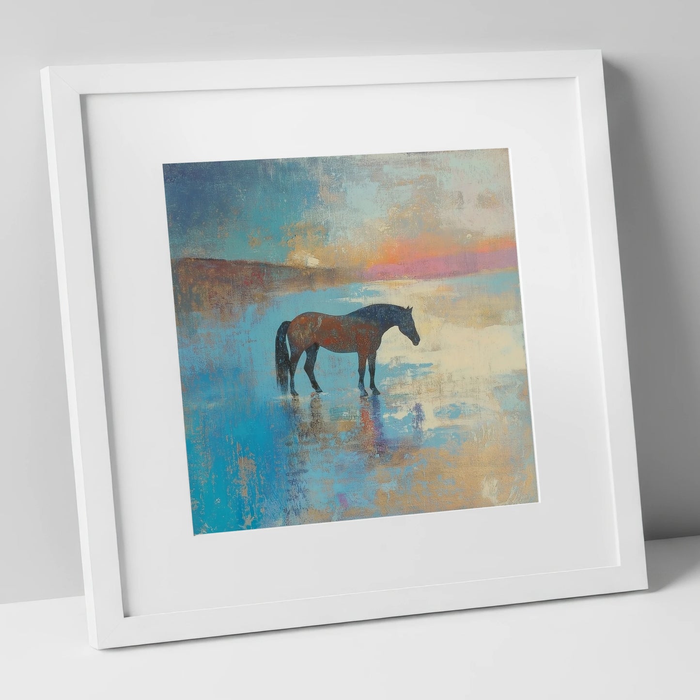 Silent Waters horse landscape art print in white frame