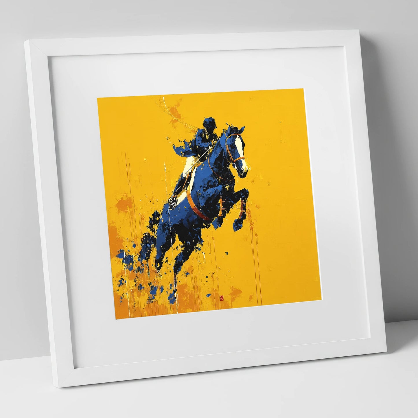 Airborne in Navy show jumping horse art print in white frame