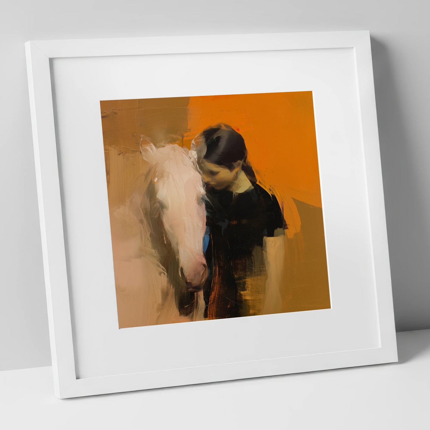 Unspoken Bond horse & rider art print in white frame