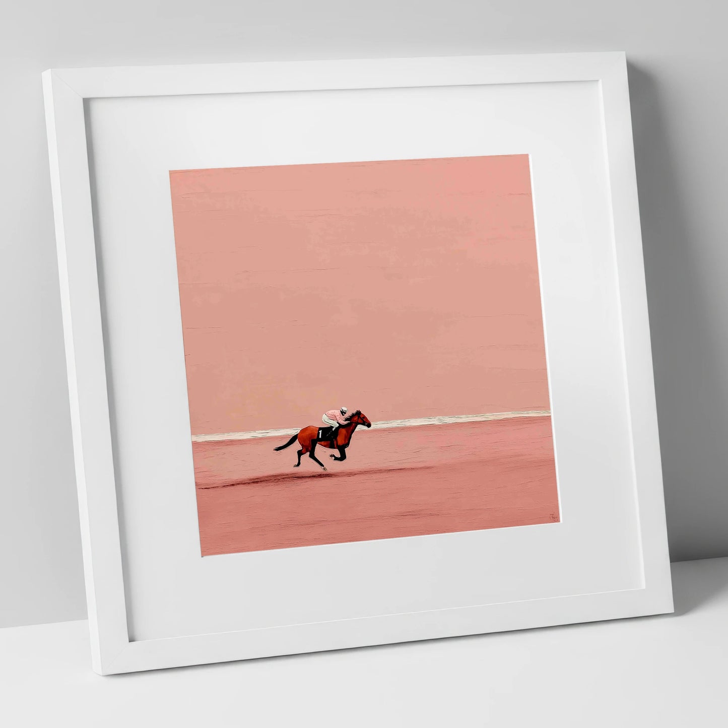 Dusty Rose Stretch racing horse art print in white frame