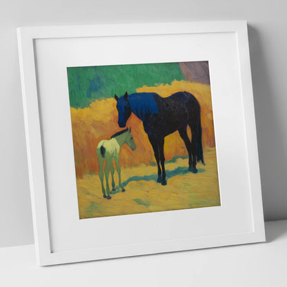 Radiant First Steps mare & foal art print in white frame