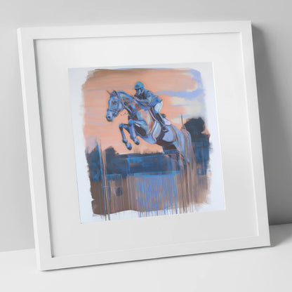 Cobalt Clearance show jumping horse art print in white frame