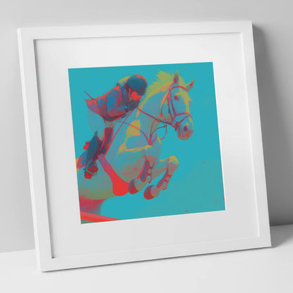 Vivid Airtime show jumping horse art print in white frame