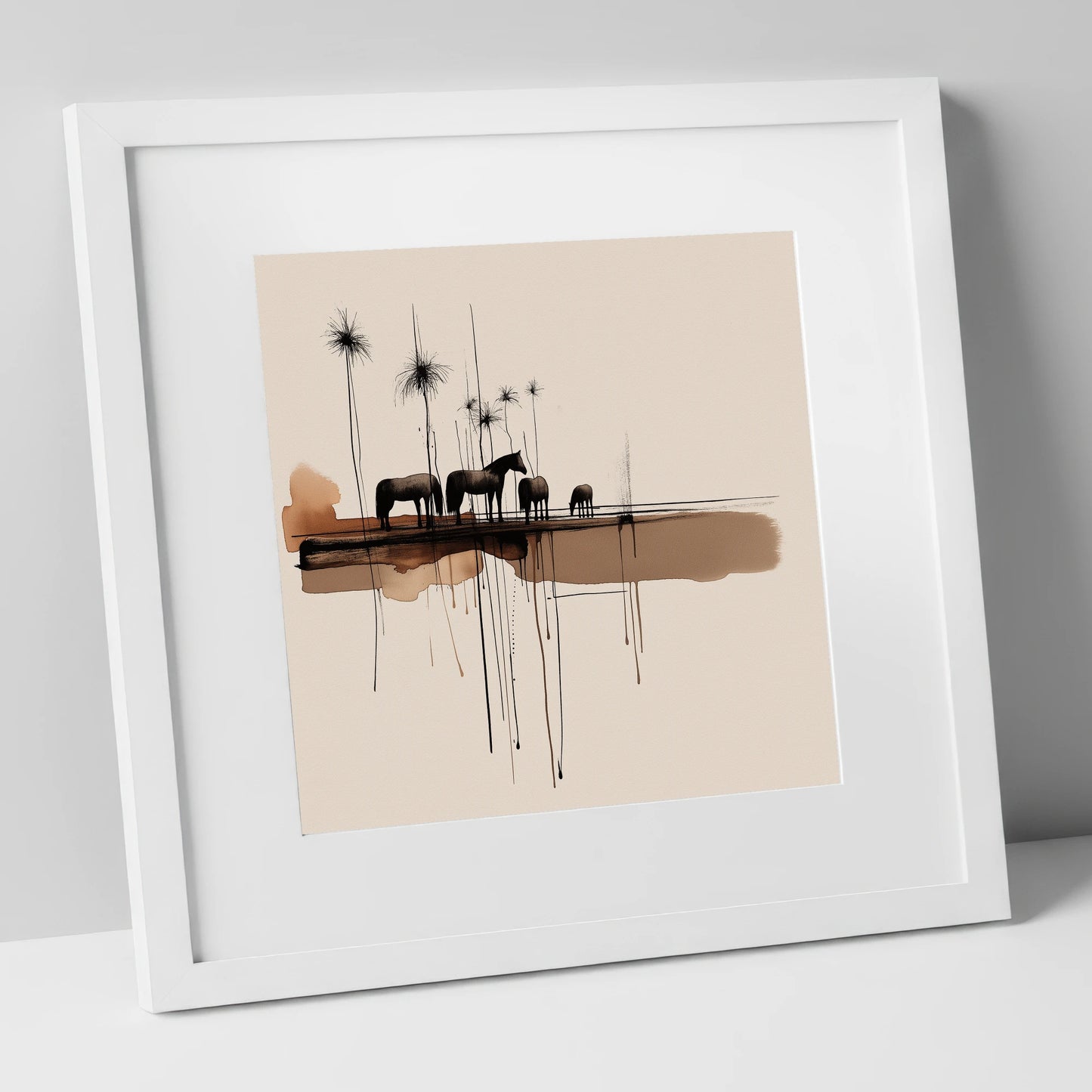 Silent Gathering at Dusk wild horses art print in white frame