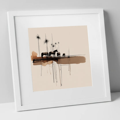 Silent Gathering at Dusk wild horses art print in white frame