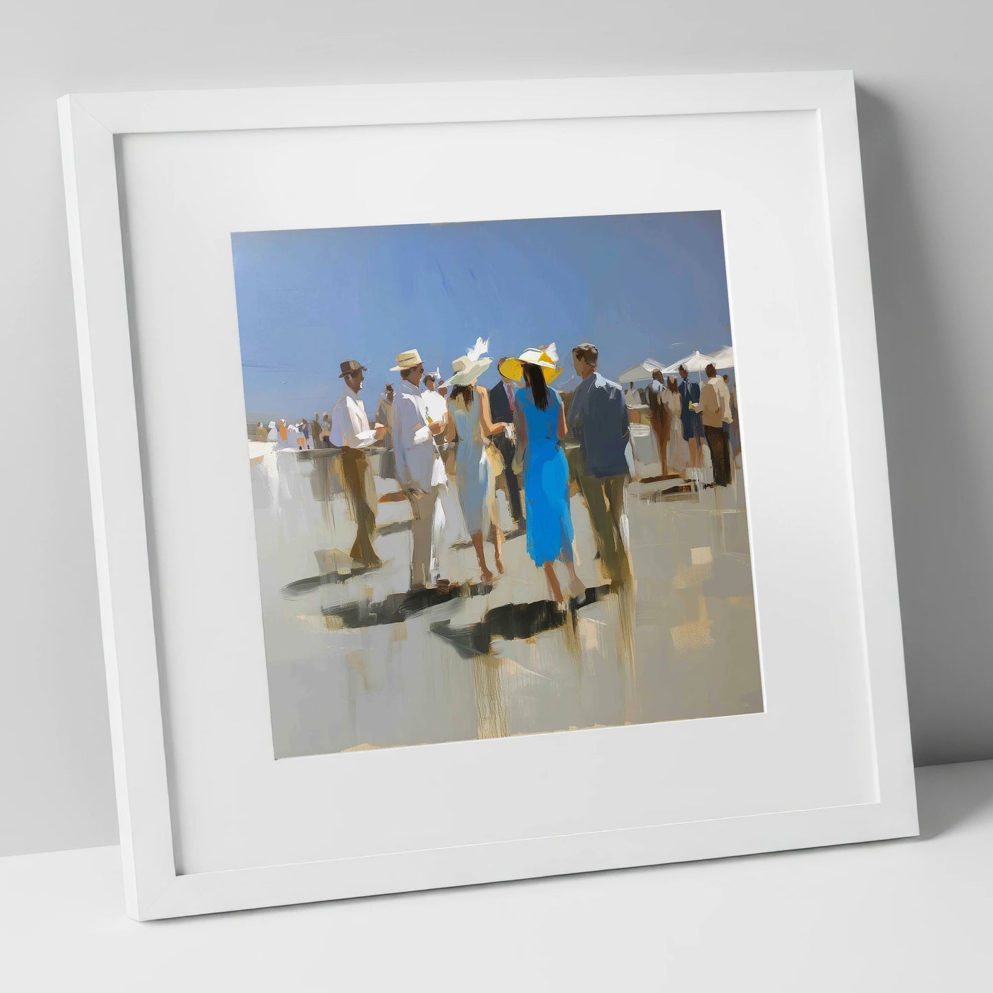 The Summer Racing Crowd racing horse art print in white frame