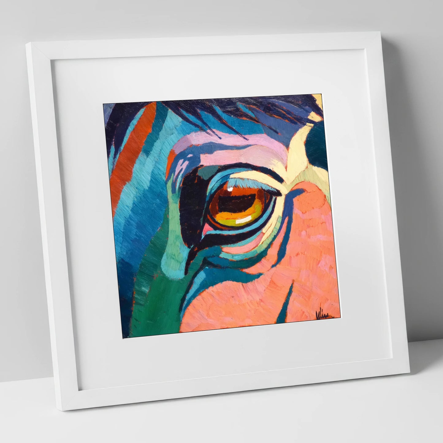 Vibrant Equine Gaze horse portrait art print in white frame