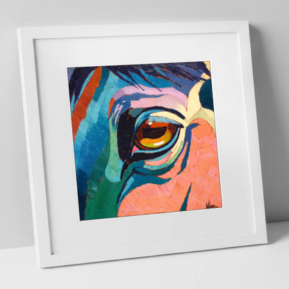 Vibrant Equine Gaze horse portrait art print in white frame