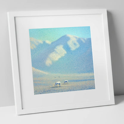 Ethereal Mountain Grazing horse landscape art print in white frame