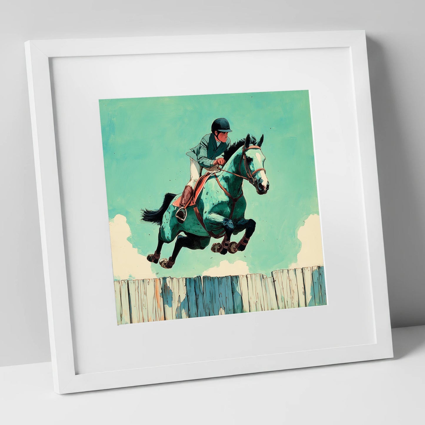 Teal Airborne Leap show jumping horse art print in white frame