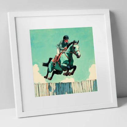Teal Airborne Leap show jumping horse art print in white frame
