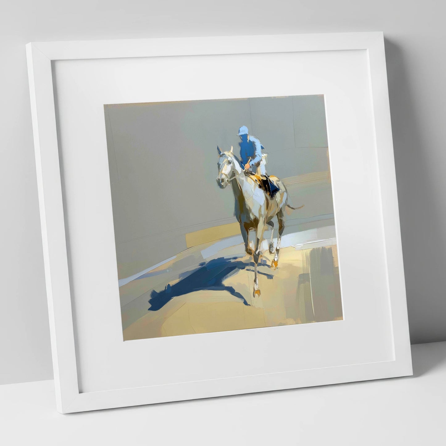 Shadows in the Paddock racing horse art print in white frame