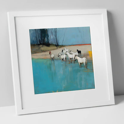 Wading in Teal Shallows wild horses art print in white frame