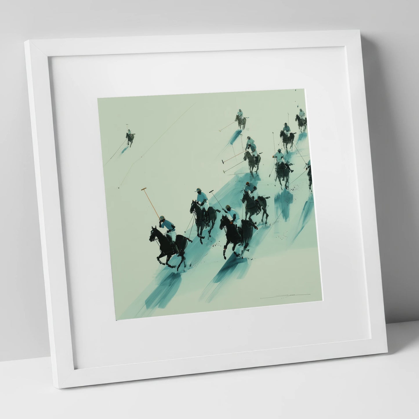 The Downfield Charge polo horse art print in white frame