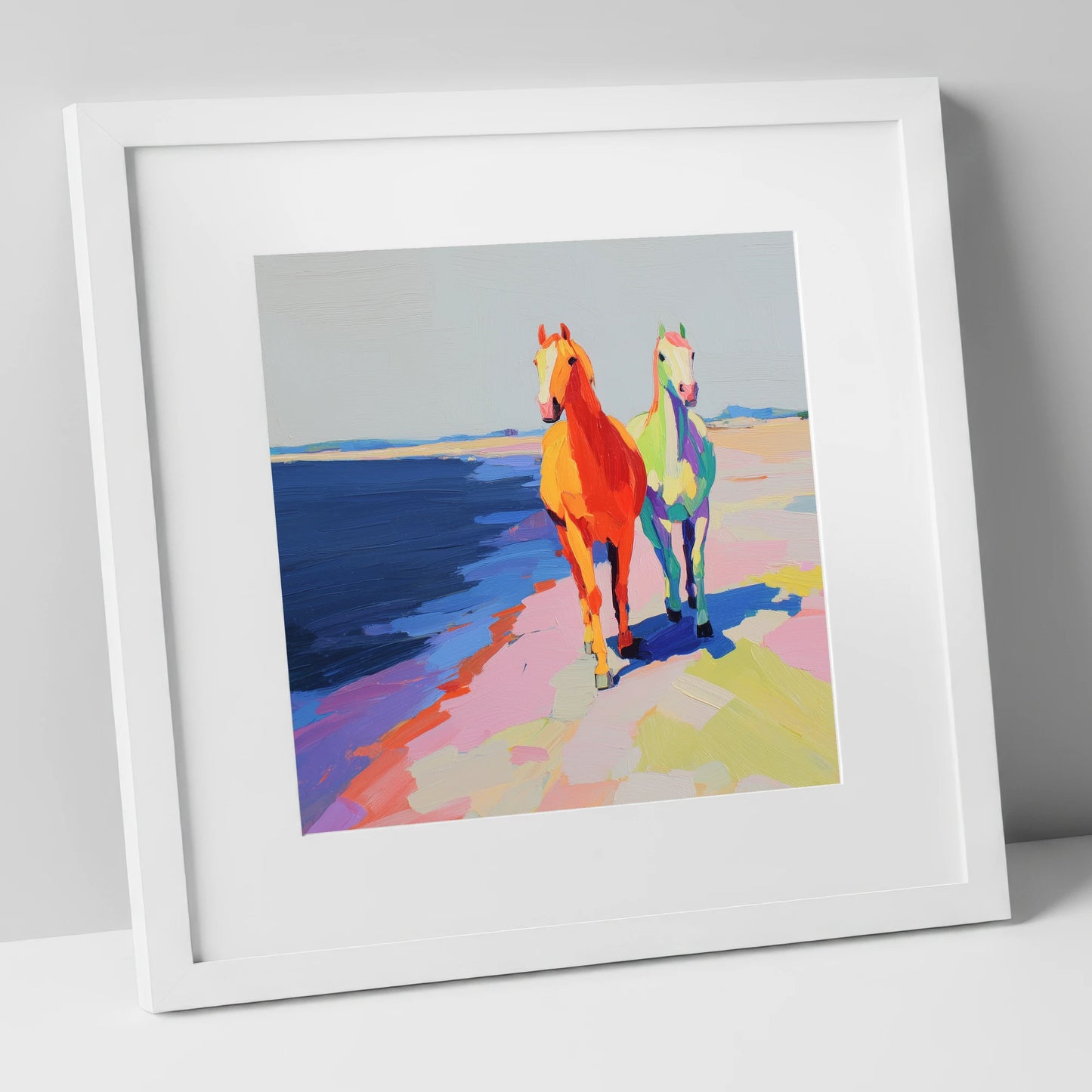 Vibrant Coastal Companions horse landscape art print in white frame