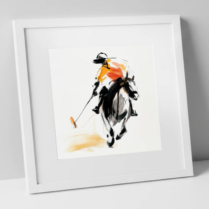 Amber Strike polo horse art print in white frame