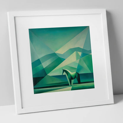 Emerald Equine Geometry horse landscape art print in white frame