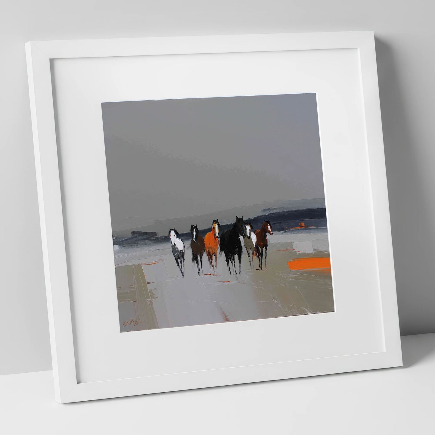 Vibrant Approach wild horses art print in white frame