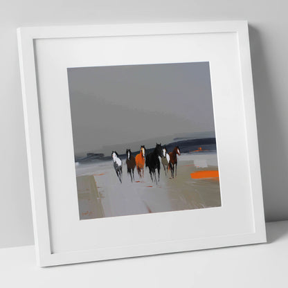 Vibrant Approach wild horses art print in white frame