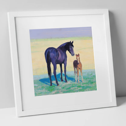 The Gentle Watch mare & foal art print in white frame