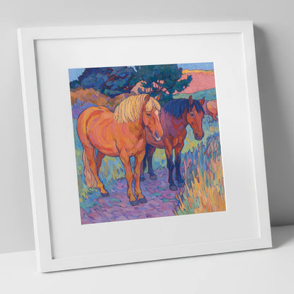 Sunset Pasture Companions horse landscape art print in white frame